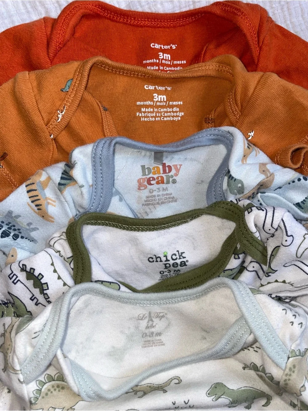 Baby Dinosaur Bodysuit Bundle - Orange, Rust, Light Blue, Olive, Cream